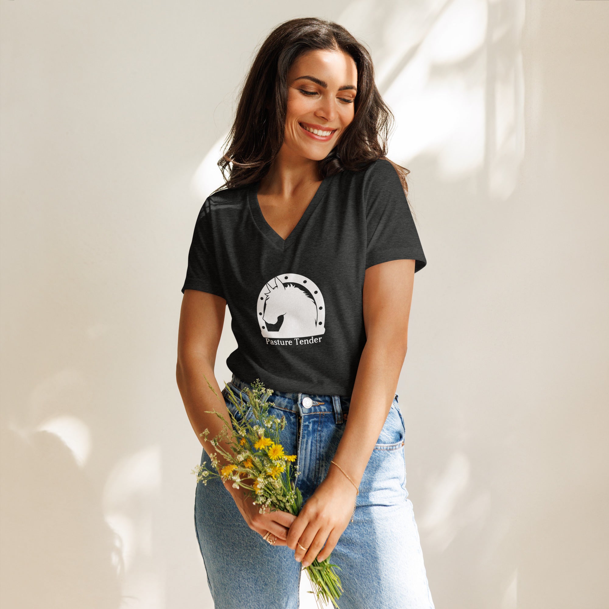 Women’s relaxed v-neck t-shirt (White Brand Logo).