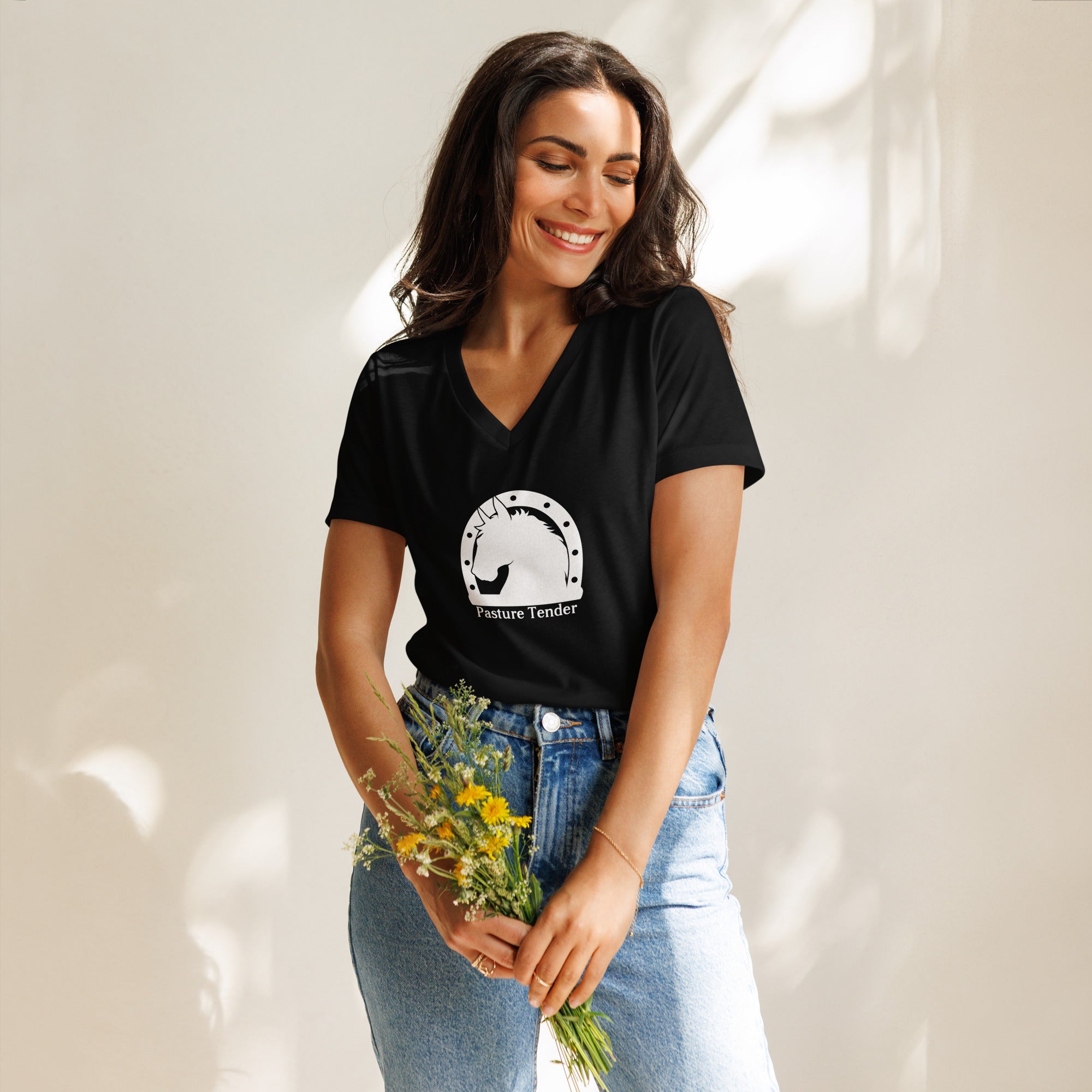 Women’s relaxed v-neck t-shirt (White Brand Logo).